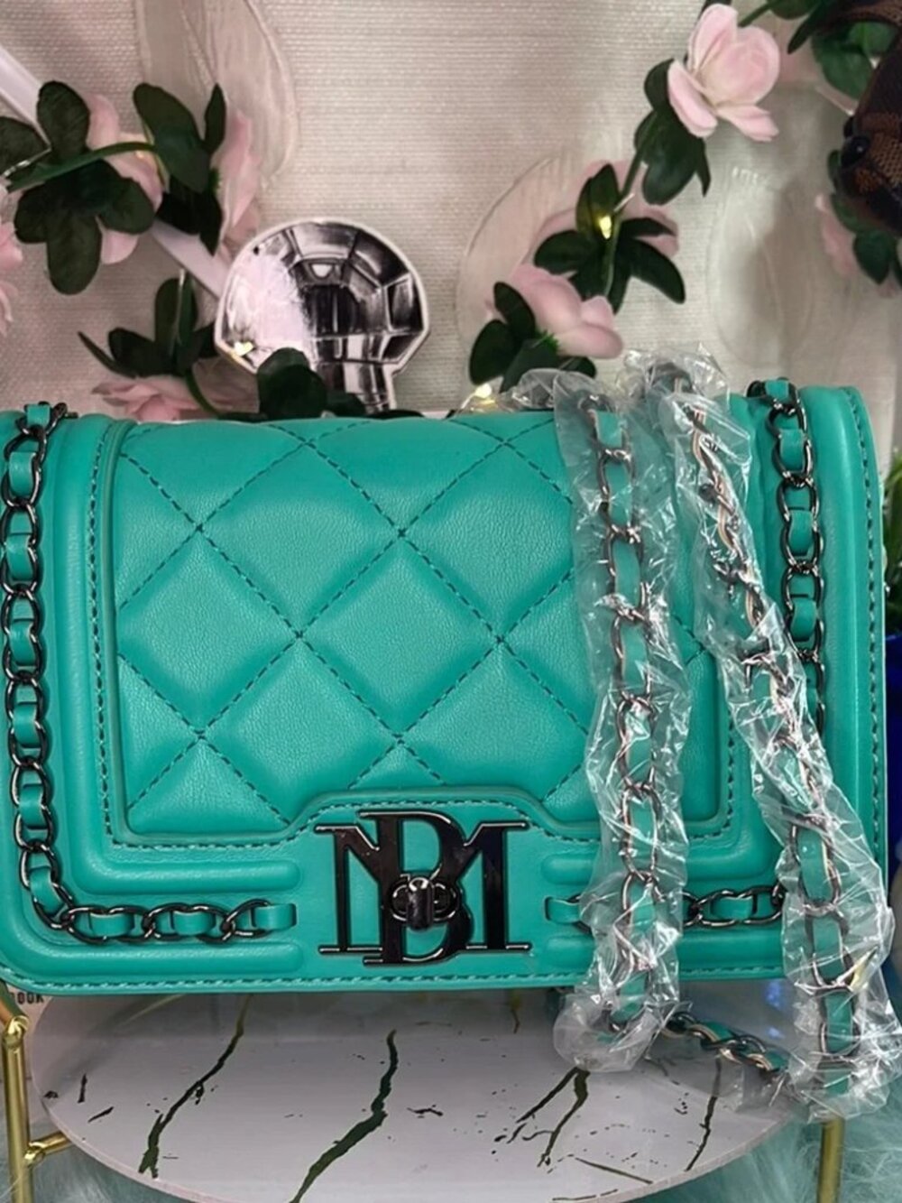 Badgley Mischka Turquoise Quilted Chain Crossbody Bag - Picture 2 of 9